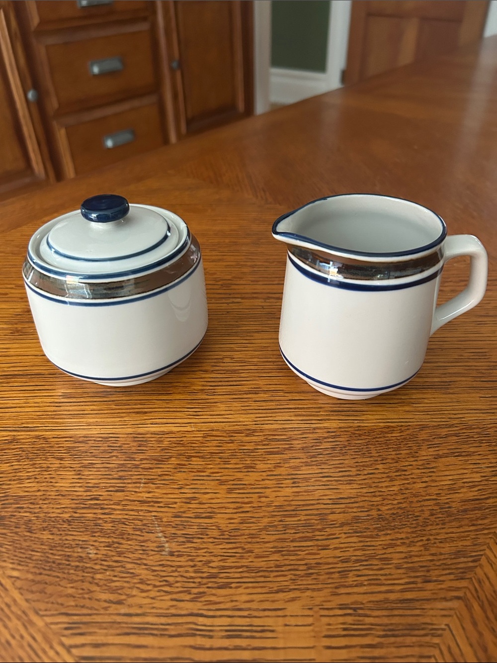 Vintage Salem Stoneware Georgetown Creamer and Sugar Set with Navy & Brown Trim